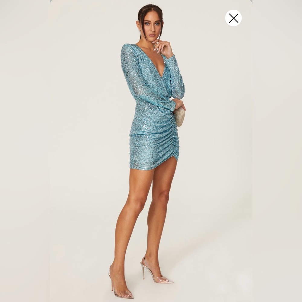Show Me Your MuMu Sky Blue Sequin Long Sleeve Wrap Mini Dress - Picture 8 of 16